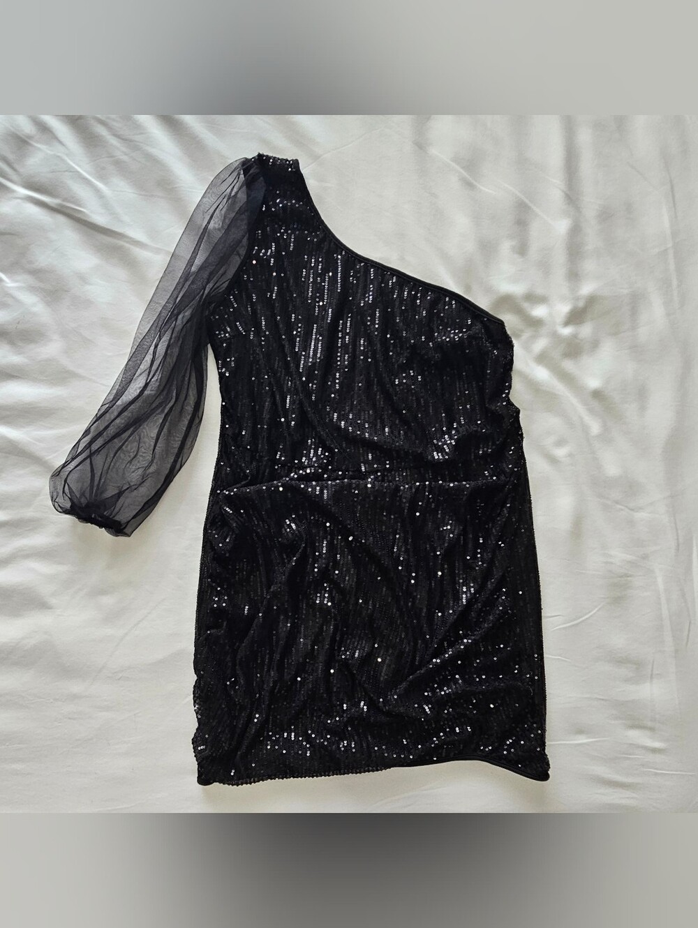 Women's Plus Size 3XL Black One-Shoulder Sequin Mini Dress with Sheer Sleeve